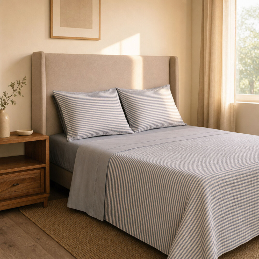 SET CUBRECAMA SUPER KING ALGODON AZUL COTTON STRIPE