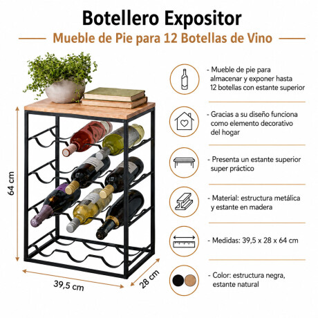 Botellero Expositor Mueble de Pie para 12 Botellas de Vino Negro
