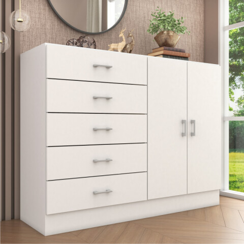 Cómoda Cajonera para Dormitorio de 5 Cajones 2 Puertas y 1 Estante interno - FE - Blanco Cómoda Cajonera para Dormitorio de 5 Cajones 2 Puertas y 1 Estante interno - FE - Blanco