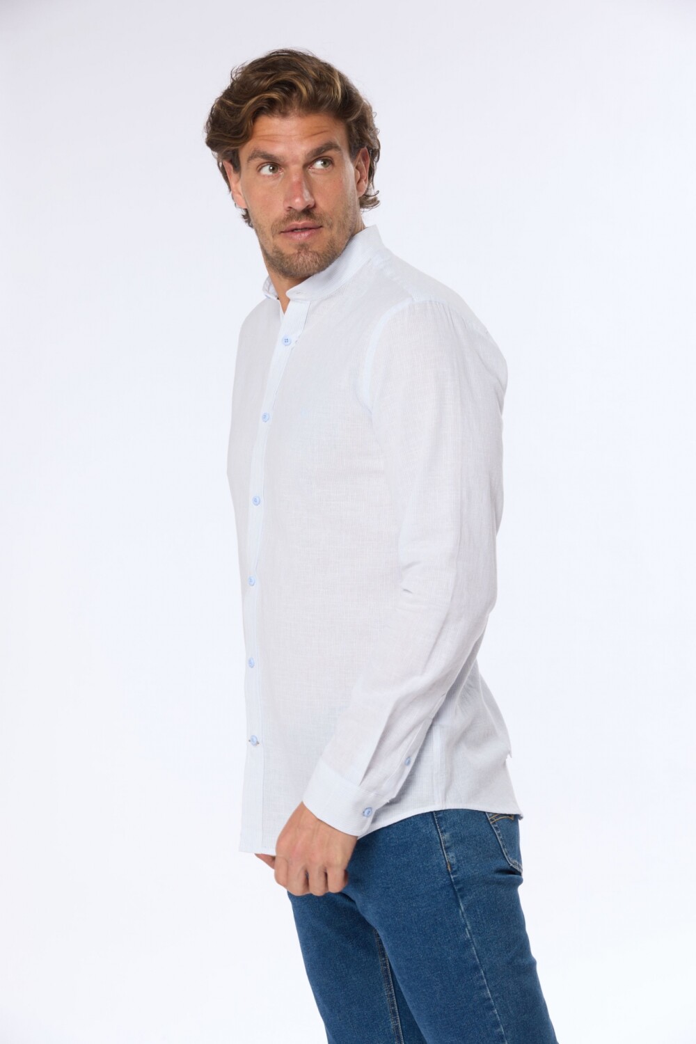 CAMISA DE LINO RAYADA Celeste