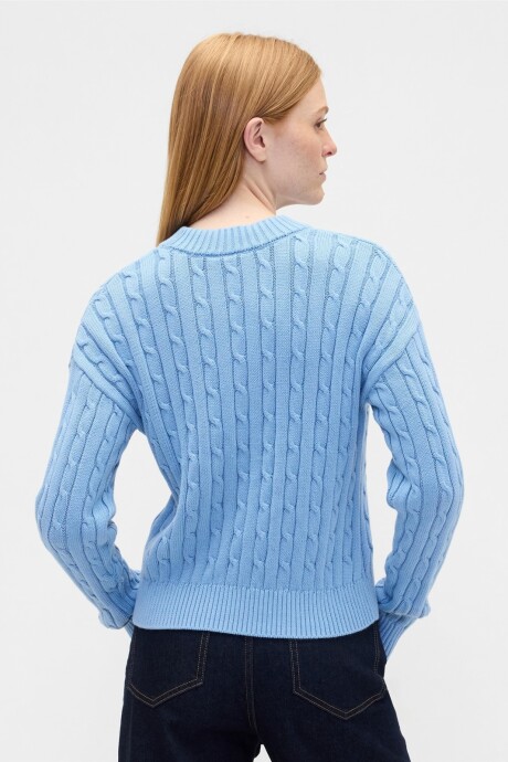 V-LS COTTON CREW ALL OVER CABLE Blue Stone