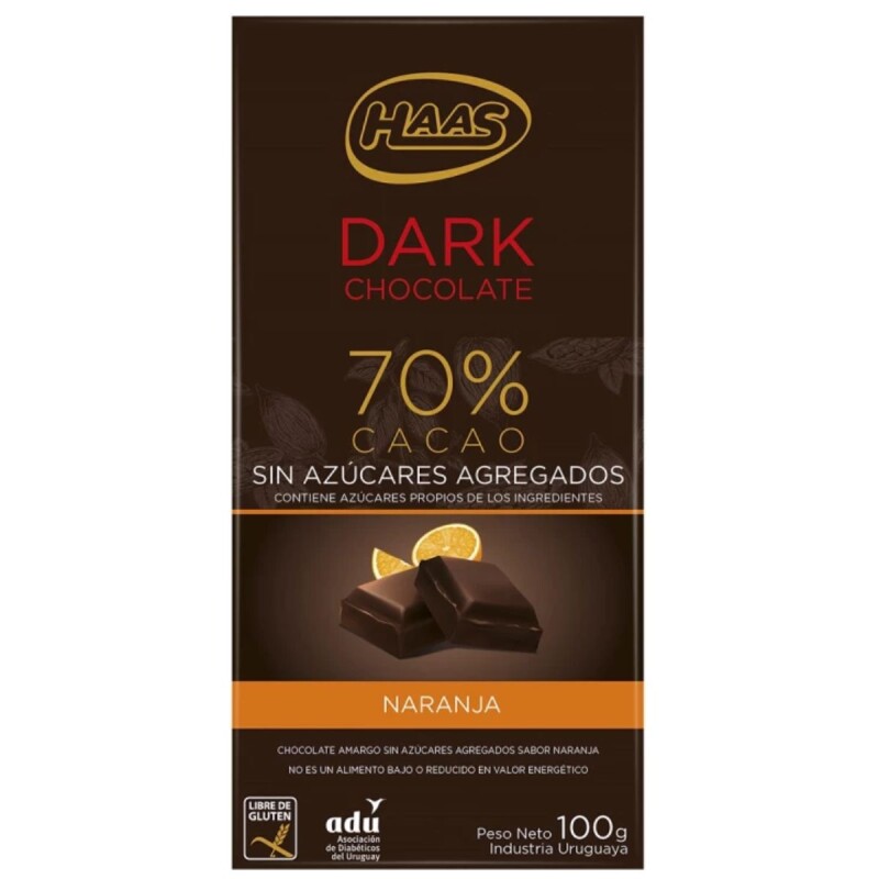 Tableta de Chocolate Amargo HAAS Dark 70% Cacao Sin Azúcar Naranja 100 GR Tableta de Chocolate Amargo HAAS Dark 70% Cacao Sin Azúcar Naranja 100 GR