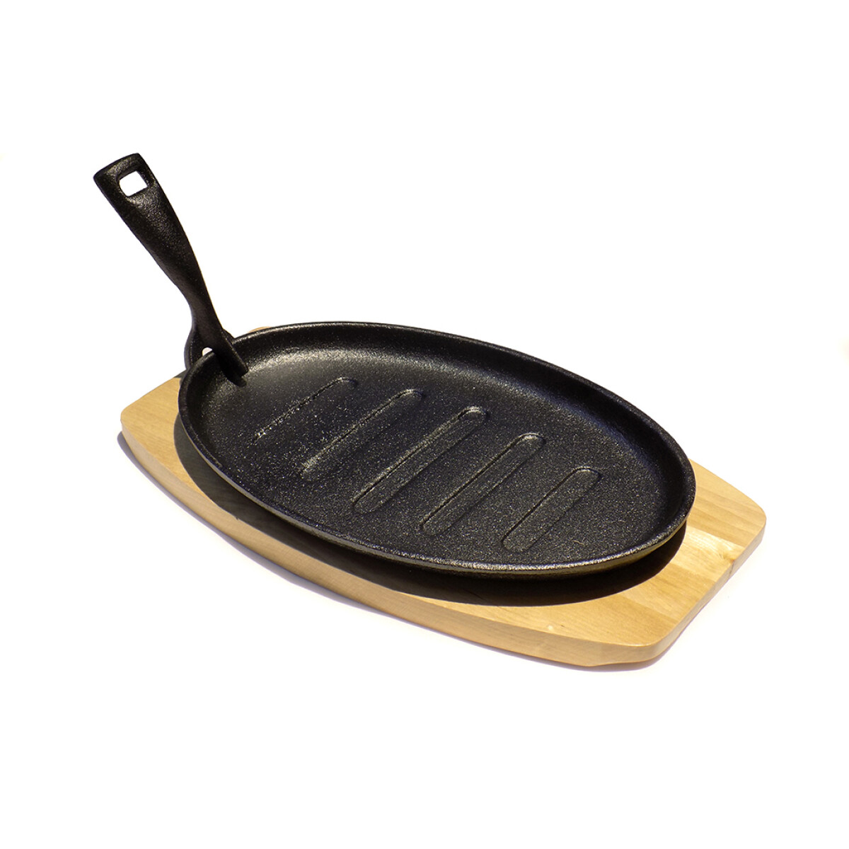 PLANCHA GRIL OVAL D27.5*17.5CM HIERRO C/BASE MADER 