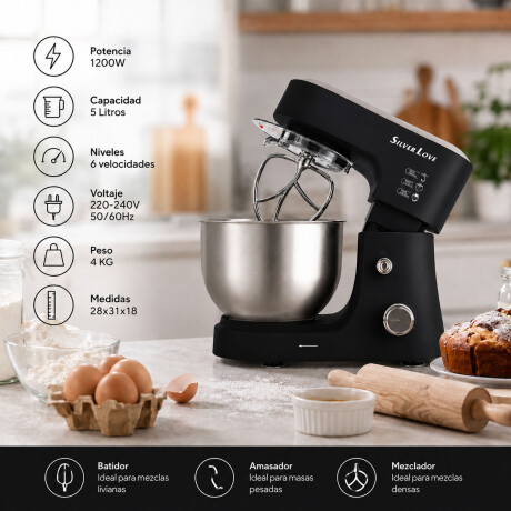 Batidora Planetaria 5L 1200W 6 Vel. Amasa Mezcla Negro