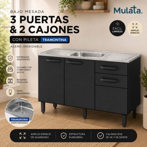 Bajo Mesada 3 Puertas y 2 Cajones con Pileta Central Tramontina Acero Inox - Negro Bajo Mesada 3 Puertas y 2 Cajones con Pileta Central Tramontina Acero Inox - Negro