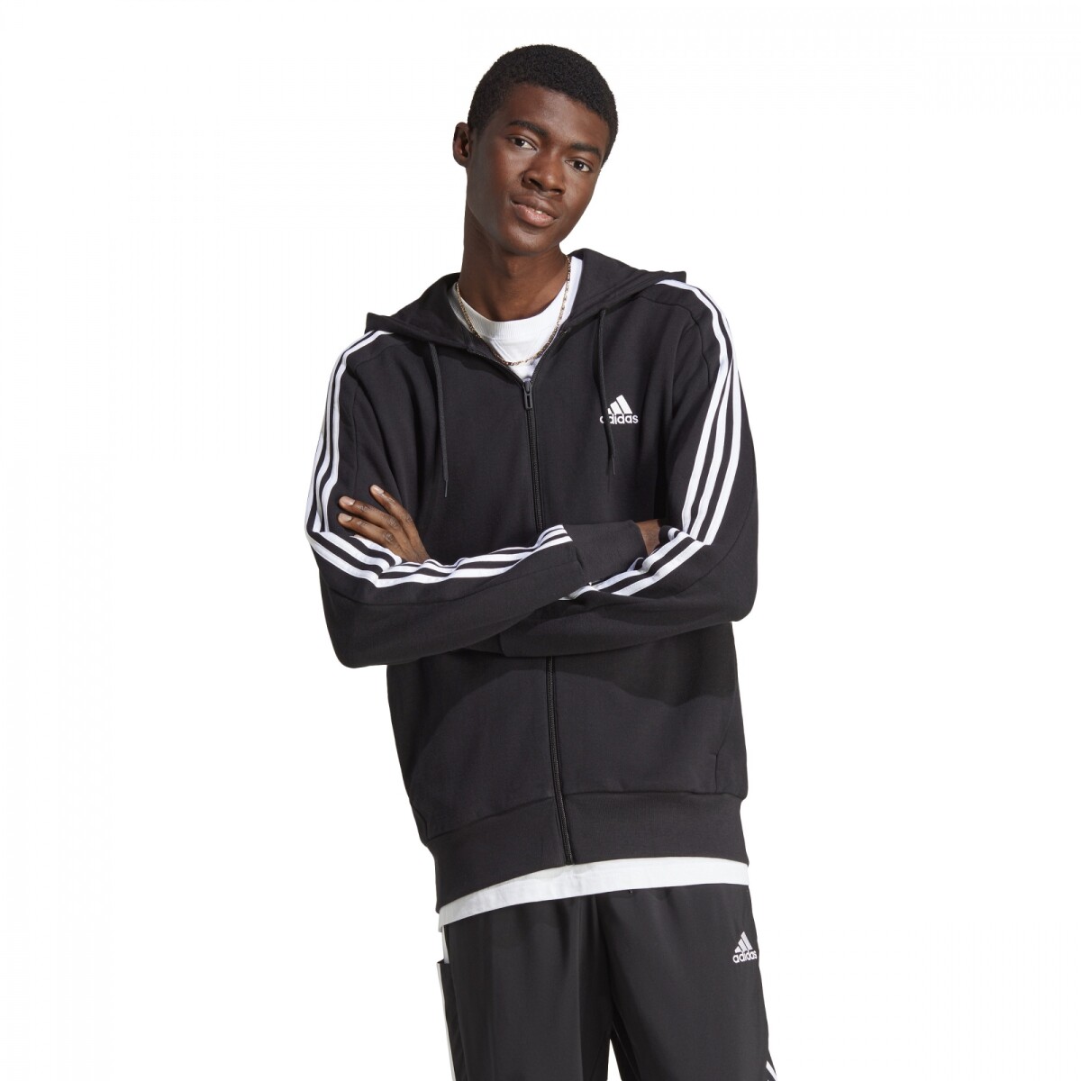 Campera de Hombre Adidas Essentials French Terry 3 Tiras Adidas - Negro - Blanco 