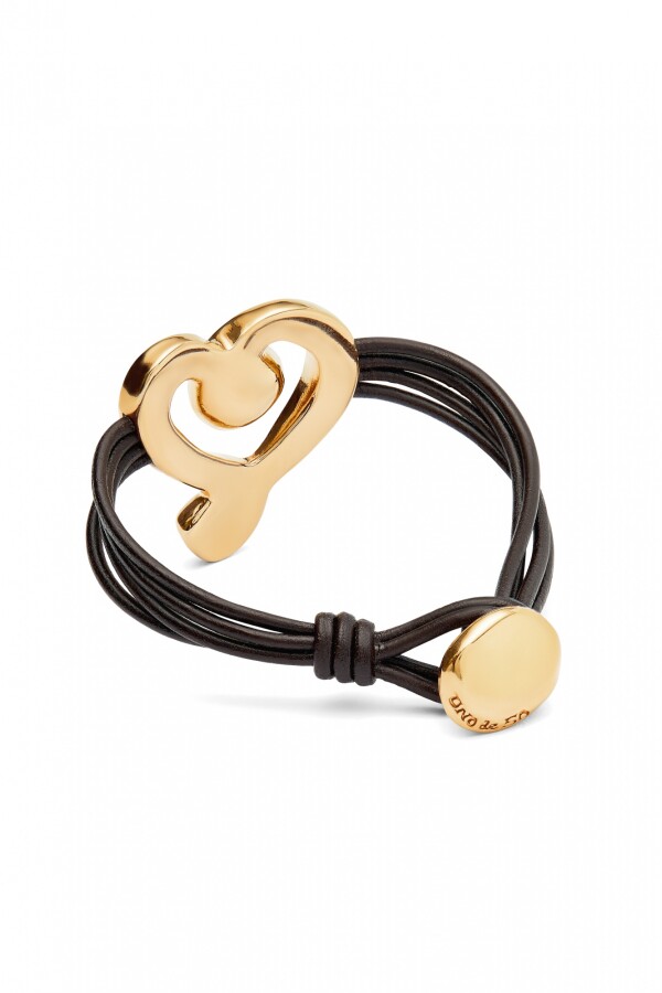 PULSERA DE CUERO CON CORAZON EN ALEACION DE METALES BAÑADO EN ORO 18K CON CRISTAL NEGRO Pulsera