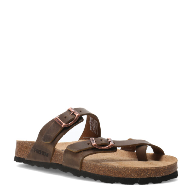 Sandalia de Mujer Freeway Casual 2 Hebillas Marrón Habana (Cuero Graso)