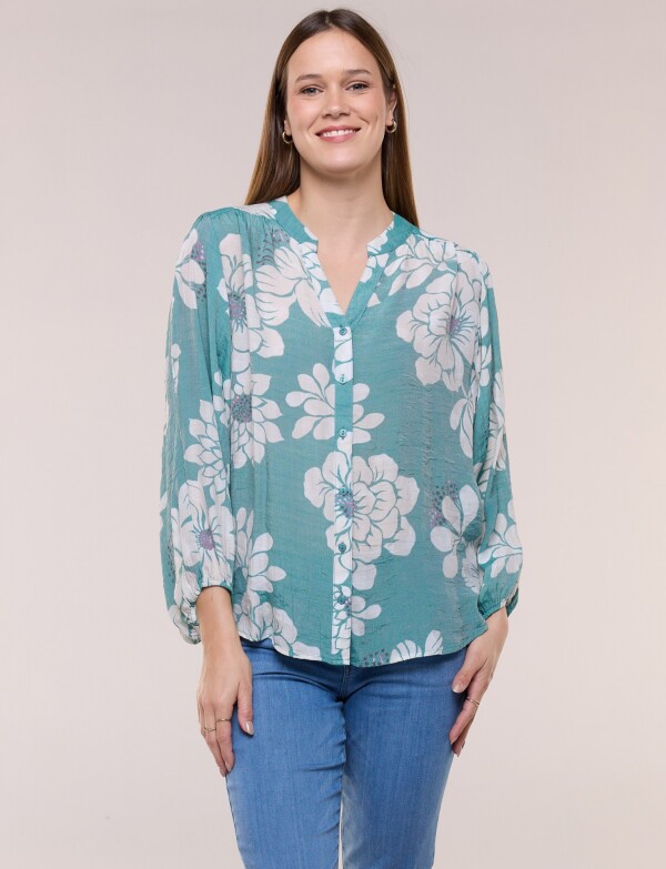 Blusa Crinkle Holgada Con Escote V VERDE/MULTI