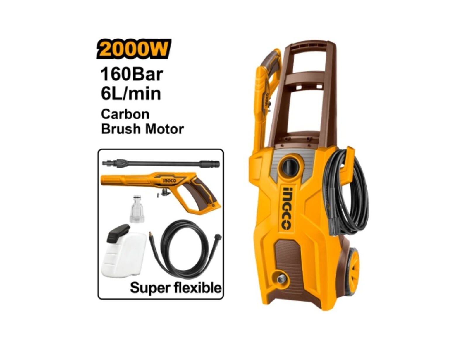 HIDROLAVADORA 2000W 160BAR MOTOR A CARBONES C/AUTOSTOP 