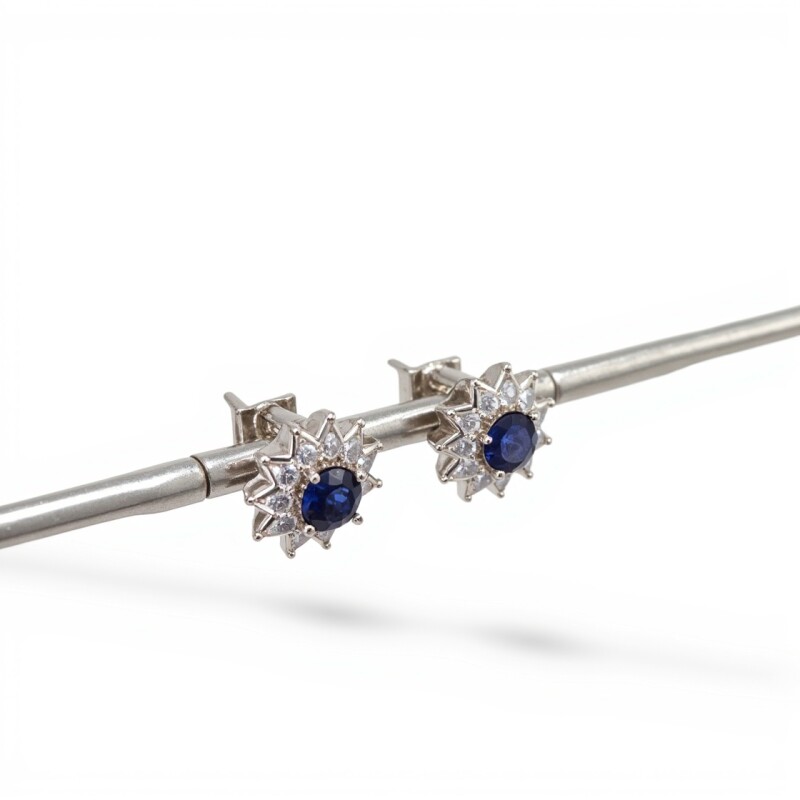 Caravanas Flor-Plata 925-Con Zafiro y Zirconia-CA4040 conpiedra