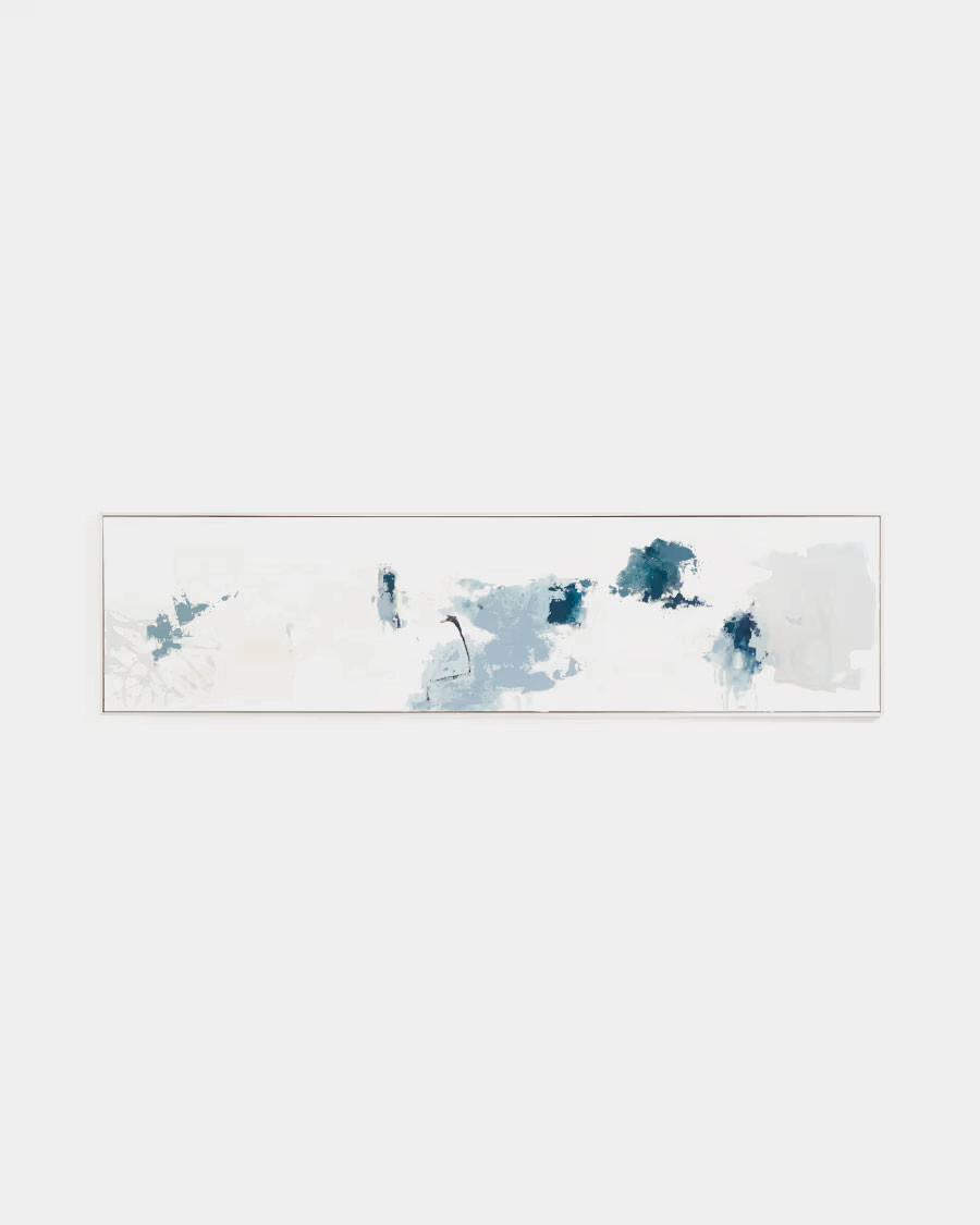 Cuadro abstracto Erale gris y azul pintado a mano 47 x 182 cm