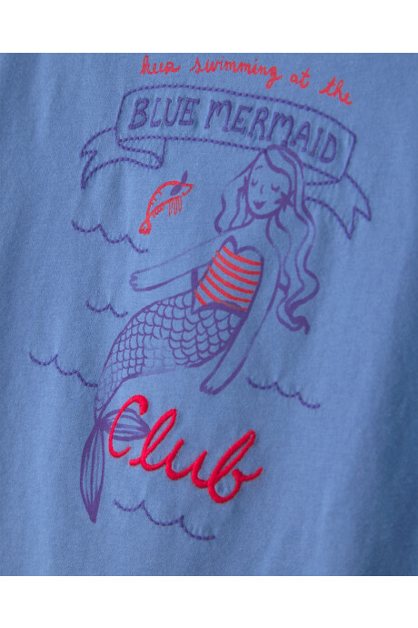 Remera de algodón, manga corta, azul, estampa sirena Sin color