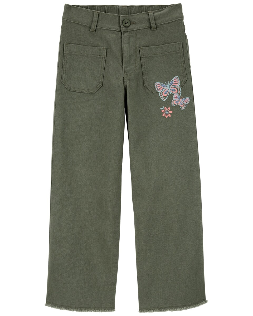 Pantalón de sarga, con bordado de mariposas 