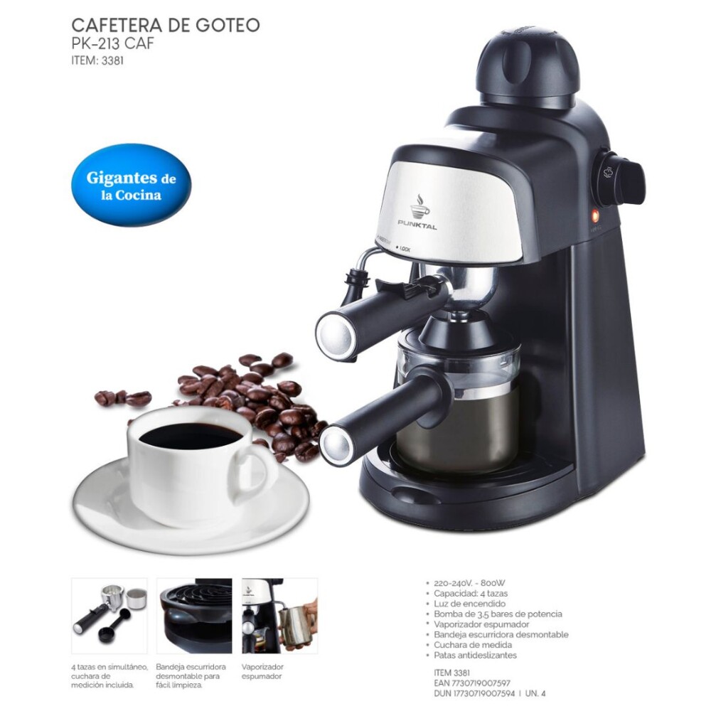Cafetera Expresso - Punktal 800W 4 Tazas con Vaporizador Cafetera Expresso - Punktal 800W 4 Tazas con Vaporizador