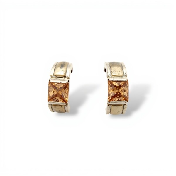 Caravanas Medio aro Zirconia-Plata y oro-Zirconia naranja-CA5116 conpiedra