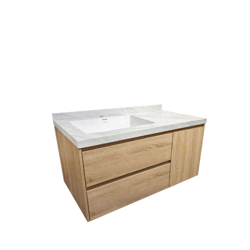 Mueble de baño suspendido Vip Oak 100cm mesada calacata con Bacha de Loza Mueble De Baño Suspendido Vip Oak 100cm Mesada Calacata Con Bacha De Loza