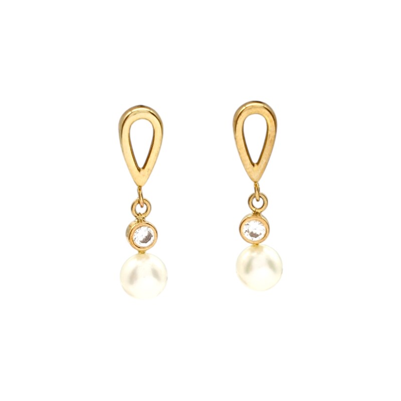 Caravanas Gotas Perlas y Solitario - Oro bajo - Perla de río- CA8220 conperla