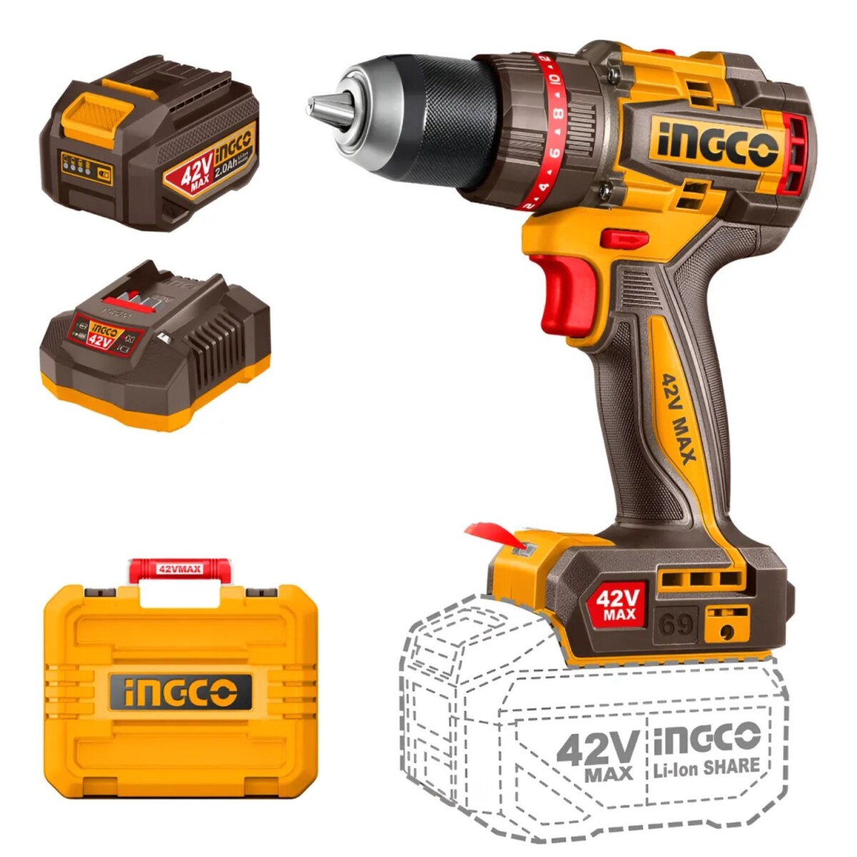 Kit Ingco de Taladro 42 V c/ Batería - Uso industrial 