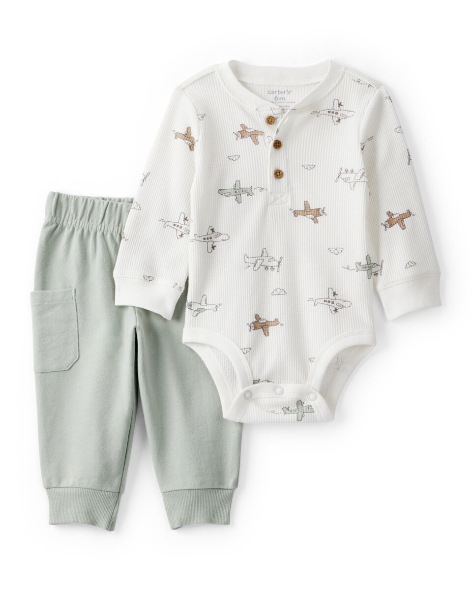 Set dos piezas de algodón, pantalón y body henley térmico, diseño aviones 