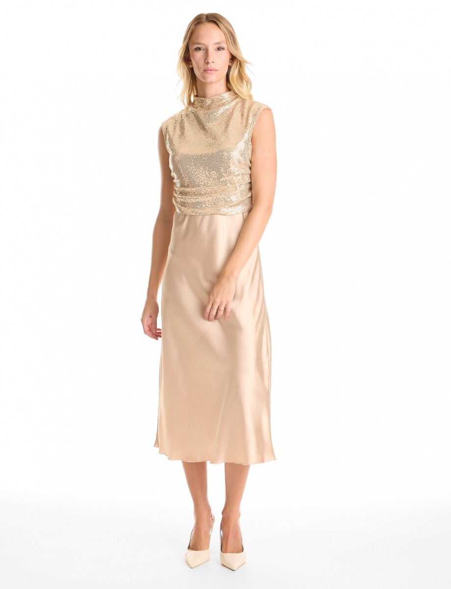 Vestido Noche Midi Satinado Con Top De Lentejuelas - Dorado 