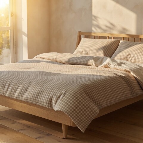 Funda nórdica de acolchado + 2 fundas de almohada de algodón Vichy Beige 2 plazas