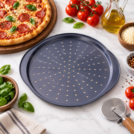 Asadera Pizza Perforada Antiadherente 33cm Asas laterales Grafito