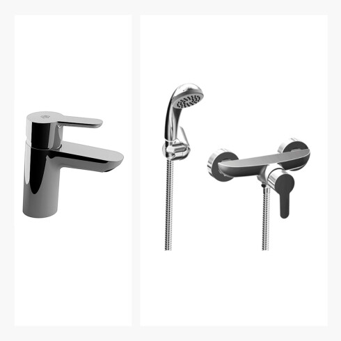 Juego De Griferia, Incluye Ducha Exterior Sin Transferencia Y Lavatorio Bajo Linea Puelo Fv 000