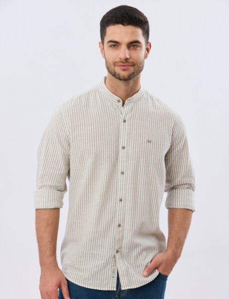 CAMISA RAYADA DE LINO CUELLO MAO Verde