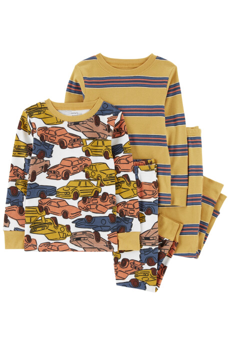 Pijama cuatro piezas de algodón, dos remeras y dos pantalones, diseños de autos y rayas Sin color