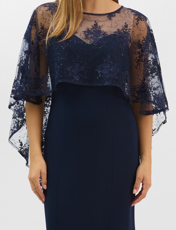 Vestido Maxi Con Capa Bordada AZUL