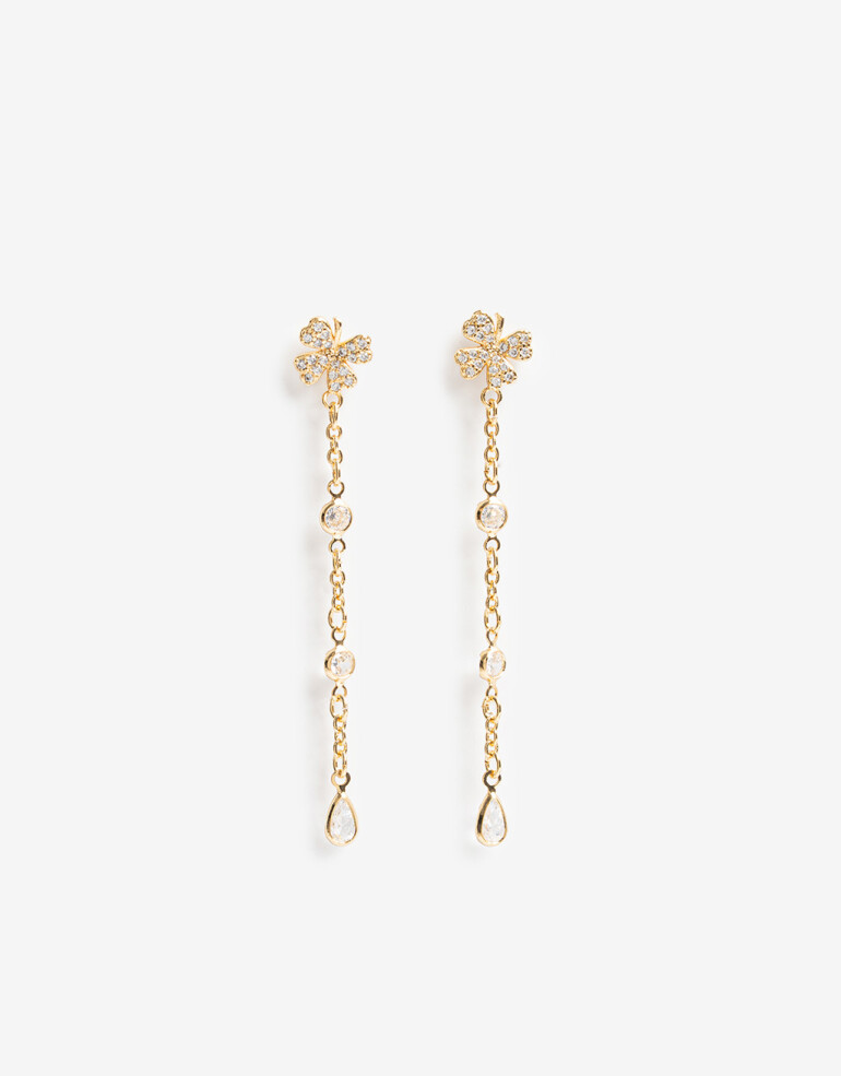 Aros Colgantes Largos Cubic zirconia Aros Largos Trébol Bañado En Oro - Dorado