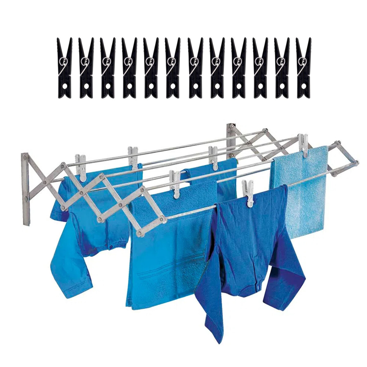 Set Mor Tendedero de Pared Plegable 5.6Mt Ropa + 12 Palillos - Plateado 