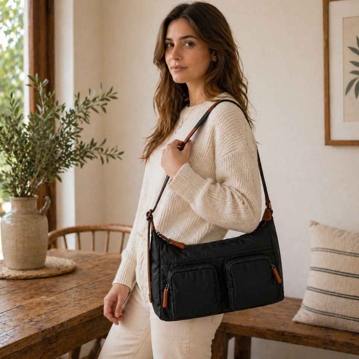 Bandolera Morral de Dama en Tela Impermeable - Negro c/Suela 