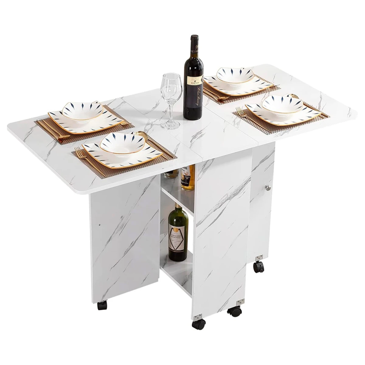 Mesa Plegable con Desayunador 2 Estantes y Ruedas - BLANCO 