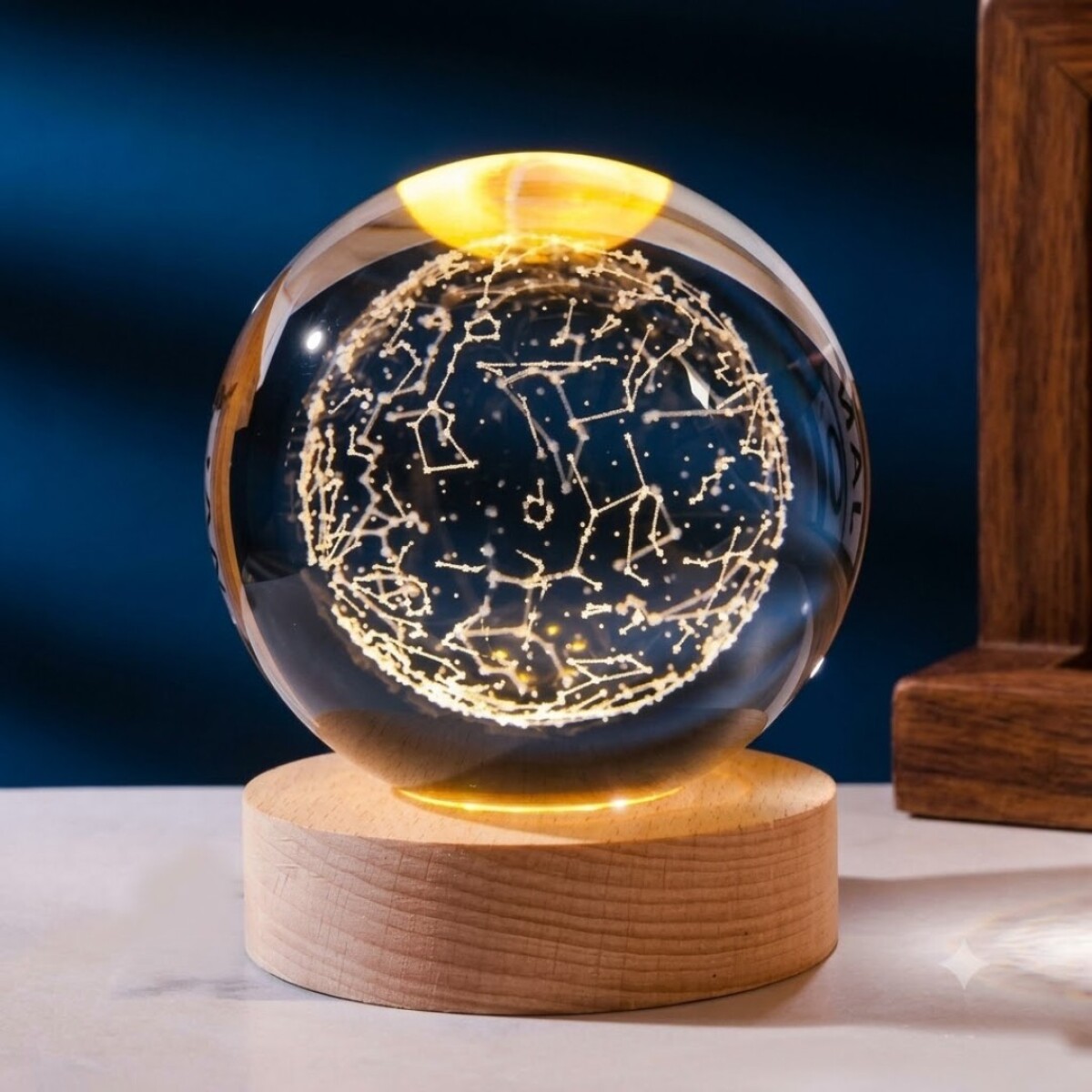 LÁMPARA VELADORA 3D DISEÑO ESTRELLAS CONSTELACIONES BASE DE MADERA 8""" 