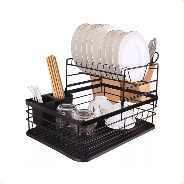 Escurridor de Platos Vasos Cubiertos Copas Doble Compartimento de Color Negro Escurridor de Platos Vasos Cubiertos Copas Doble Compartimento de Color Negro