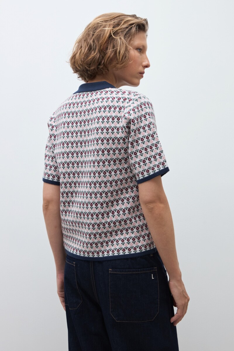 Sweater jacquard cuello polo crudo