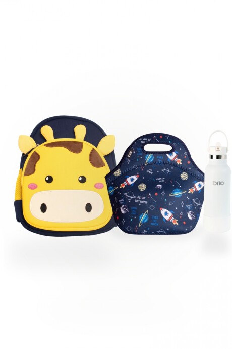 Set de mochila infantil animales de neopreno, lunchera de neopreno y botella de acero inoxidable 500ml brio set-espacial