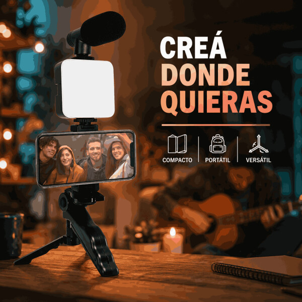 Kit de Grabación para Celular con Trípode Luz LED y Micrófono Negro