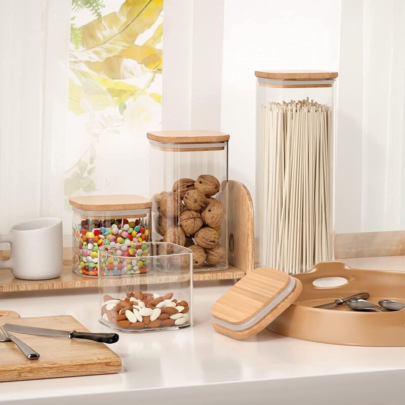 Frasco contenedor de vidrio rectangular tapa madera 750ml
