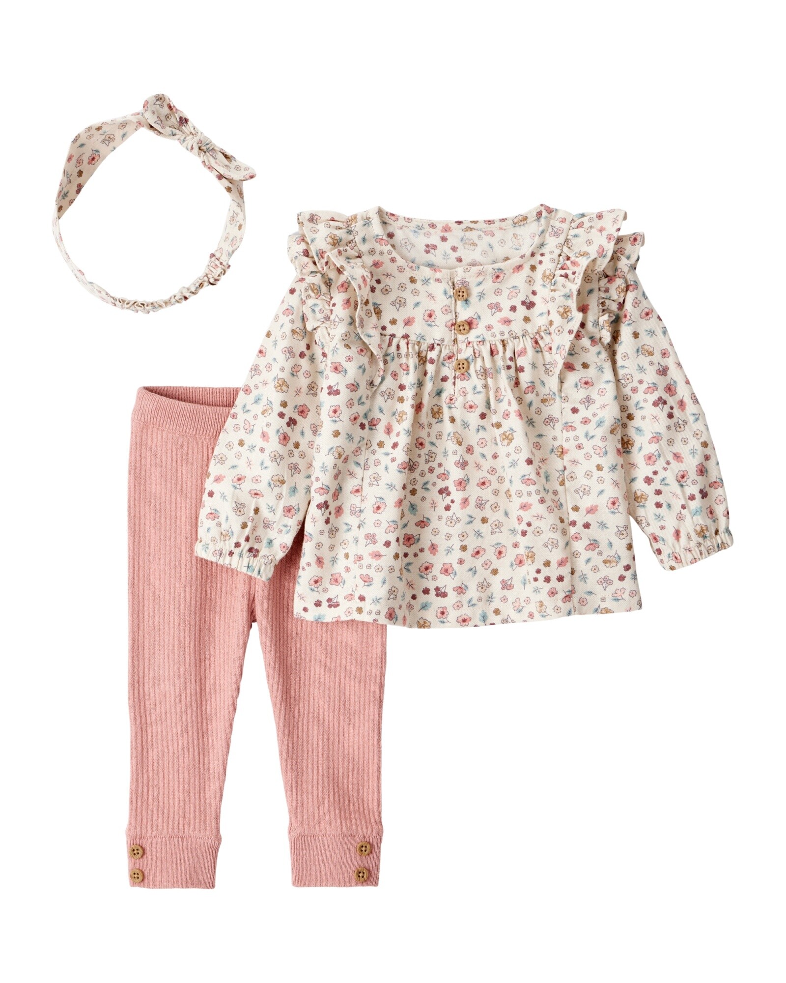 Set tres piezas de algodón, pantalón, blusa y vincha, diseño floral Sin color