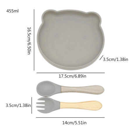 Set Comida Bebé Silicona Plato y Bowl Oso + Cuchara Tenedor Gris