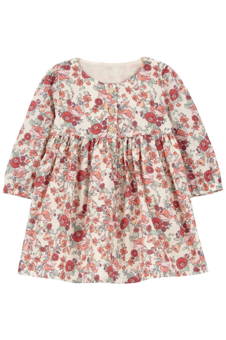 Vestido de algodón, manga arga, diseño floral Sin color