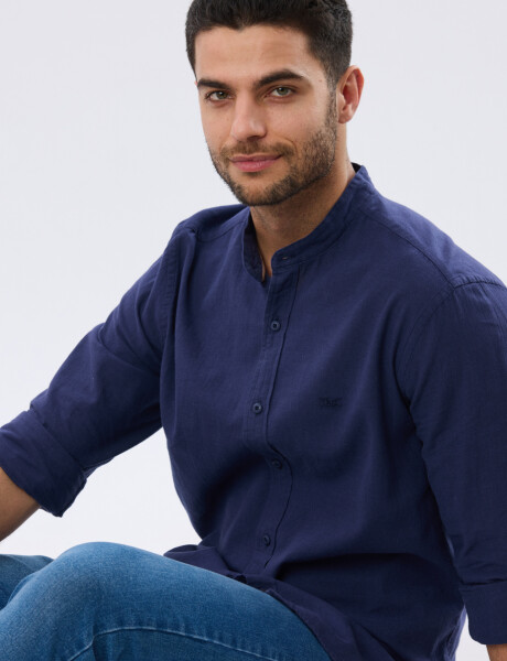CAMISA LISA DE LINO CUELLO MAO Azul