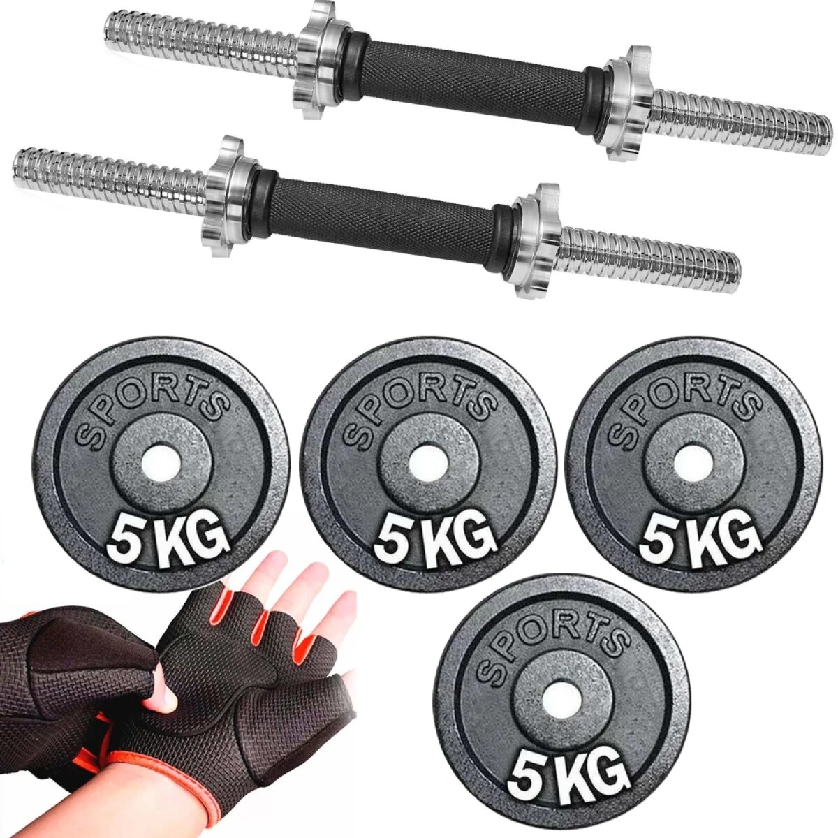 Set 2 Mancuernas Maciza Cromada + 20 Kilos + Guantes - 4 Discos 5kg 