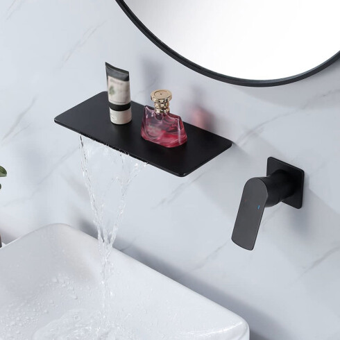 Griferia De Lavatorio Embutida A La Pared,Tipo Cascada, Color Negro 000