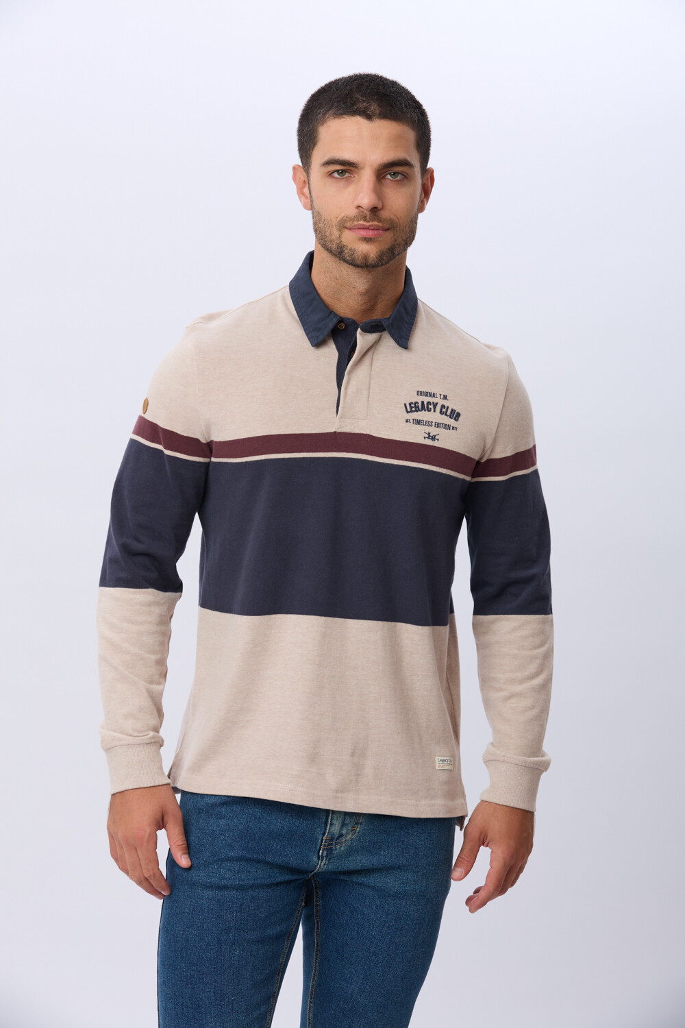 REMERA POLO RAYADA DE ALGODON Beige