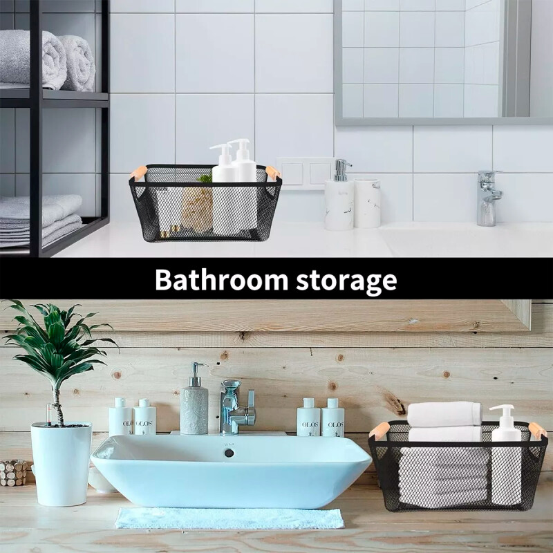 Cesto organizador metal con asa de madera NEGRO