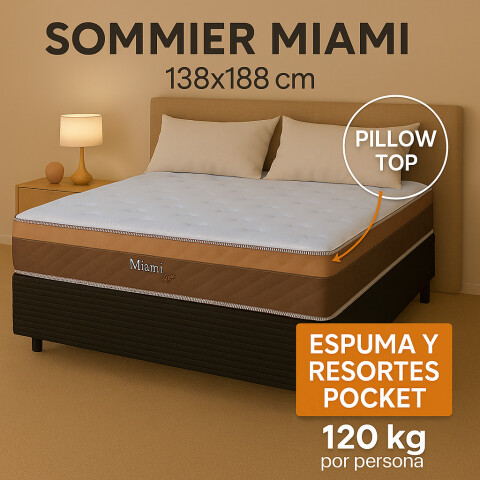 Sommier 2 Plazas Box y Colchón Miami Espuma y Resortes Pocket 138 x 188 x 65 cm - 120 Kg Sommier 2 Plazas Box y Colchón Miami Espuma y Resortes Pocket 138 x 188 x 65 cm - 120 Kg
